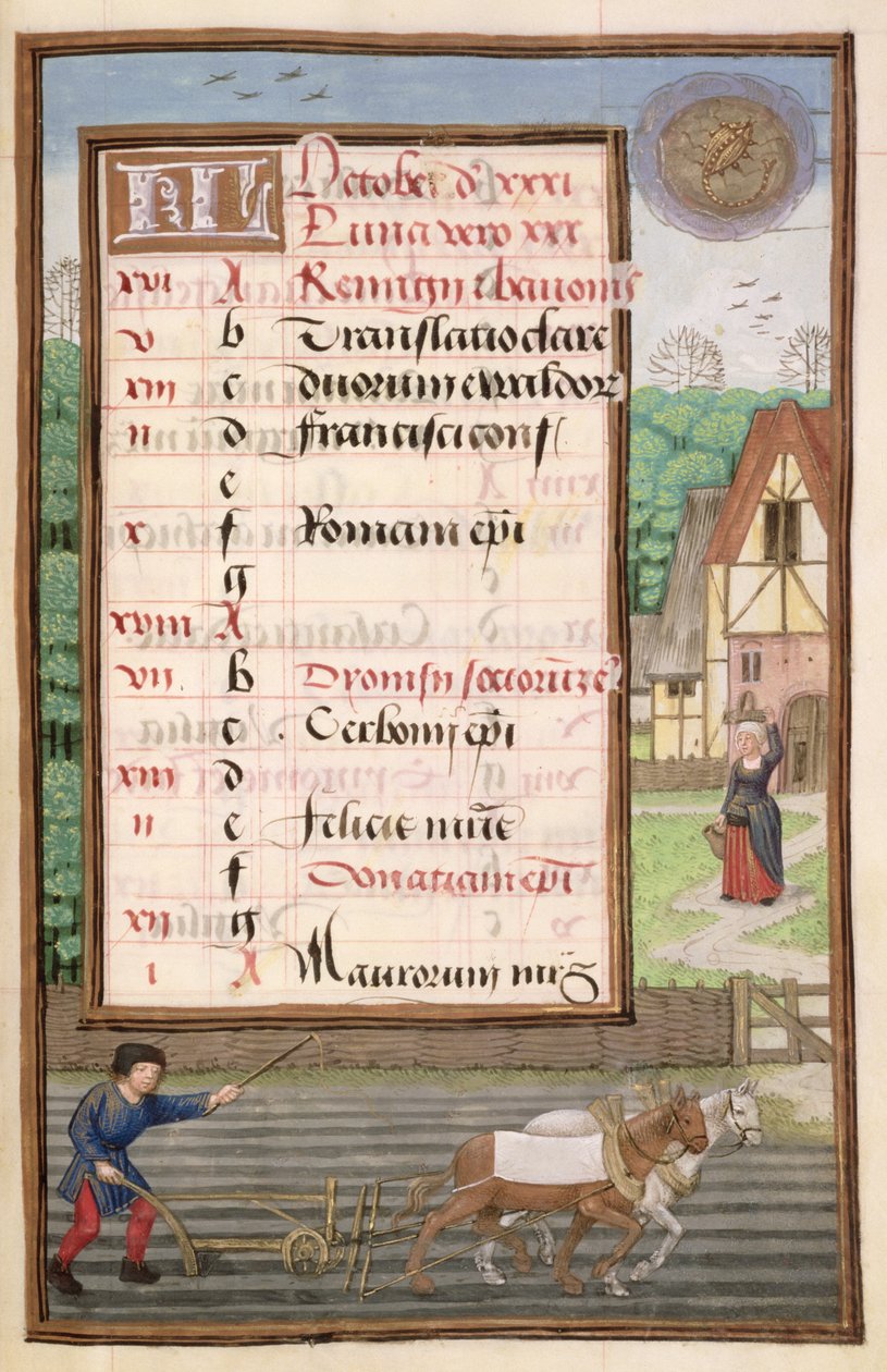 Ms 1058-1975 f10r Plöjning med två hästar, upplyst kalendersida för oktober, från en timbok, ca 1500 av Flemish School