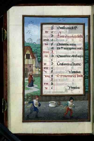 Ms 1058-1975 f.10v Två män som sår majs, upplyst kalendersida för oktober, från en timbok, ca 1500 (vellum) av Flemish School