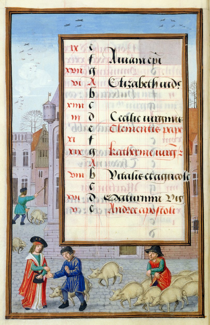 Ms 1058-1975 f11v Selling Pigs at the Market, upplyst kalendersida för november, från a Book of Hours, c.1500 av Flemish School