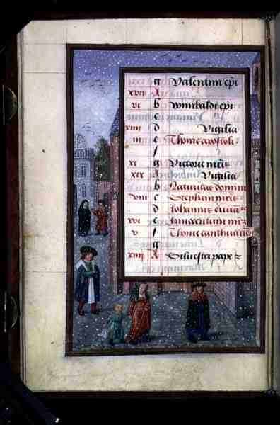 Ms 1058-1975 f12v Snow in a Street, upplyst kalendersida för december, från a Book of Hours, c.1500 (vellum) av Flemish School