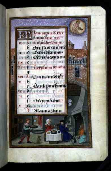 Ms 1058-1975 f1r Parfest, upplyst kalendersida för januari, från en timbok, ca 1500 (vellum) av Flemish School