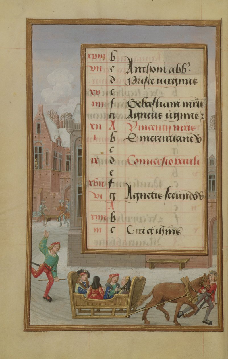 Ms 1058-1975 f1v Street Scene in the Snow, upplyst kalendersida för januari, från a Book of Hours, c.1500 av Flemish School