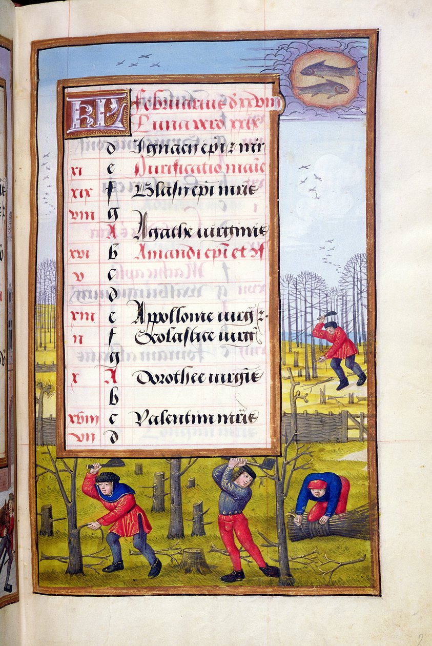 Ms 1058-1975 f2r Cutting Trees and Binding Faggots, upplyst sida för februari, från a Book of Hours, c.1500 av Flemish School