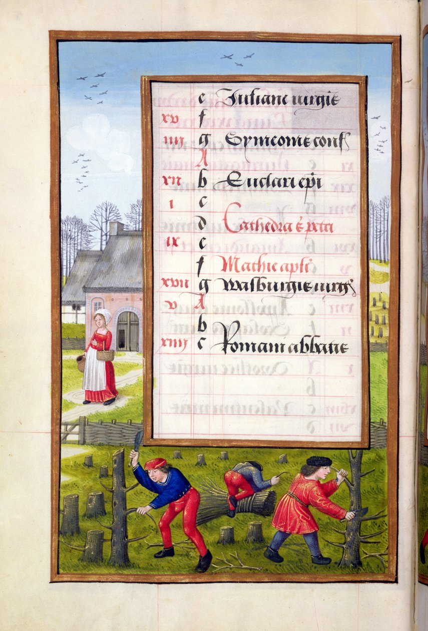 Ms 1058-1975 f2v Att klippa träd och binda tjurar, från en timbok, ca 1500 av Flemish School