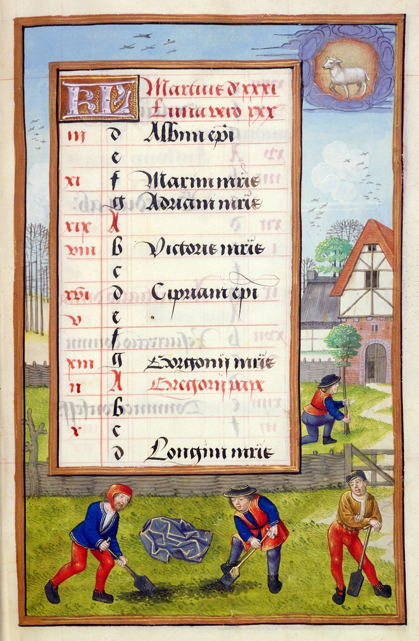 Ms 1058-1975 f3r Digging and Tree Planting, upplyst kalendersida för mars, från en timbok, c.1500 av Flemish School