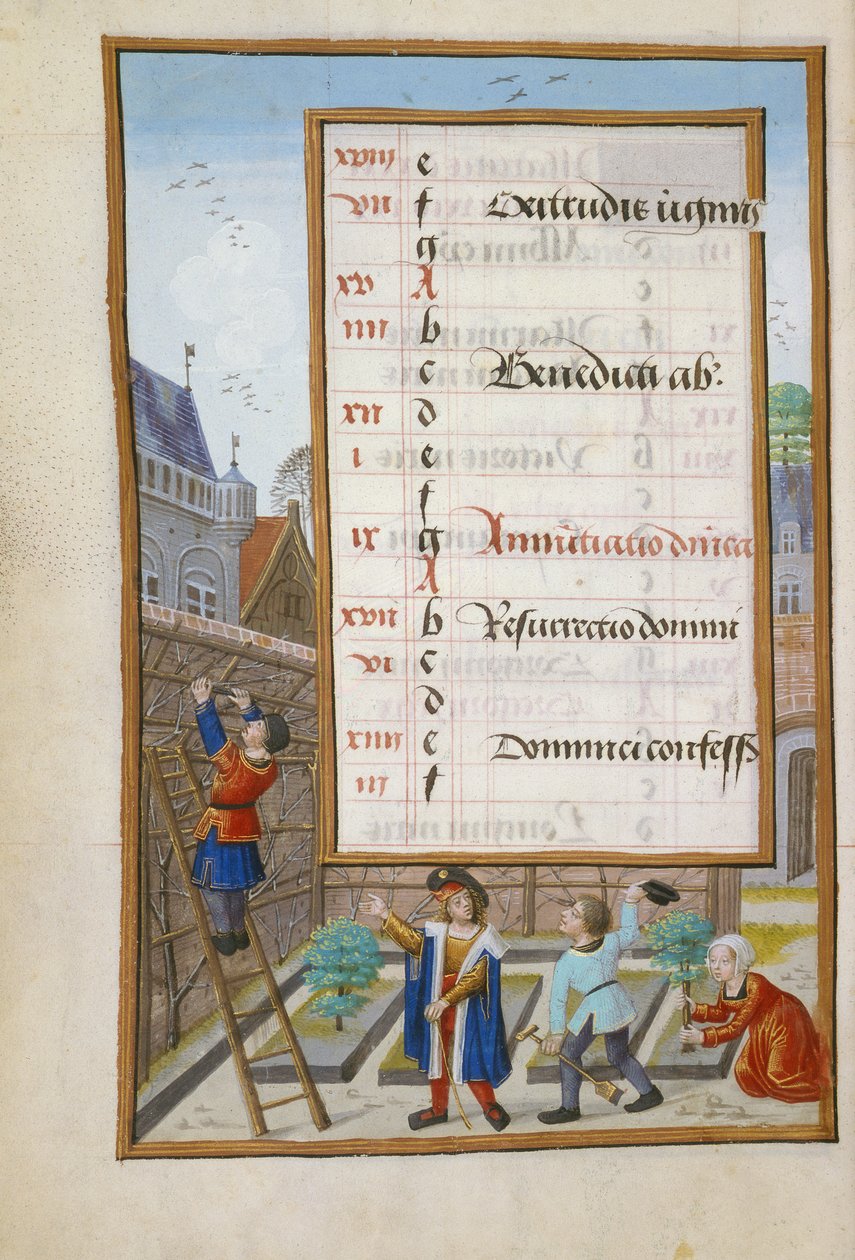Ms 1058-1975 f3v Ägare ger order till sina trädgårdsmästare, upplyst kalendersida för mars, från en timbok, ca 1500 av Flemish School