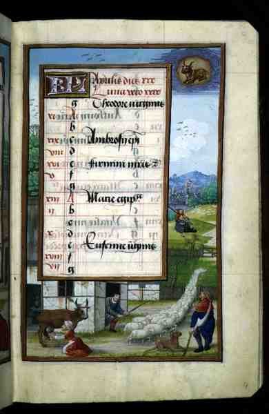 Ms 1058-1975 f4r Gårdsscen, illuminerat kalenderblad för april, från en timbok, ca 1500 (pergament) av Flemish School