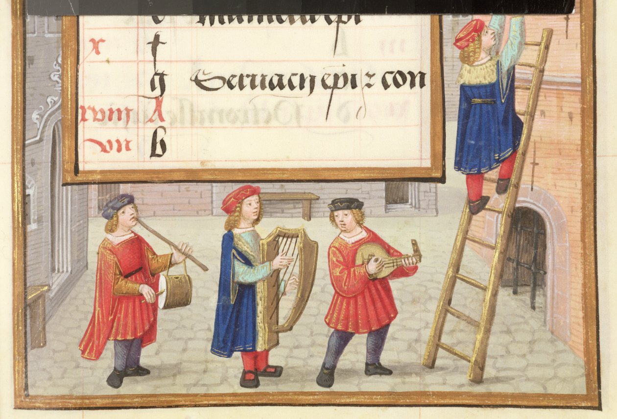Ms 1058-1975 f.5r Musiker på en kullerstensgata, detalj från den upplysta kalendersidan för maj, från en 