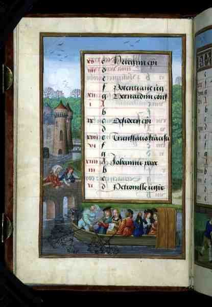 Ms 1058-1975 f5v A Boating Party on a River, upplyst kalendersida för maj, från a Book of Hours, c.1500 (vellum) av Flemish School