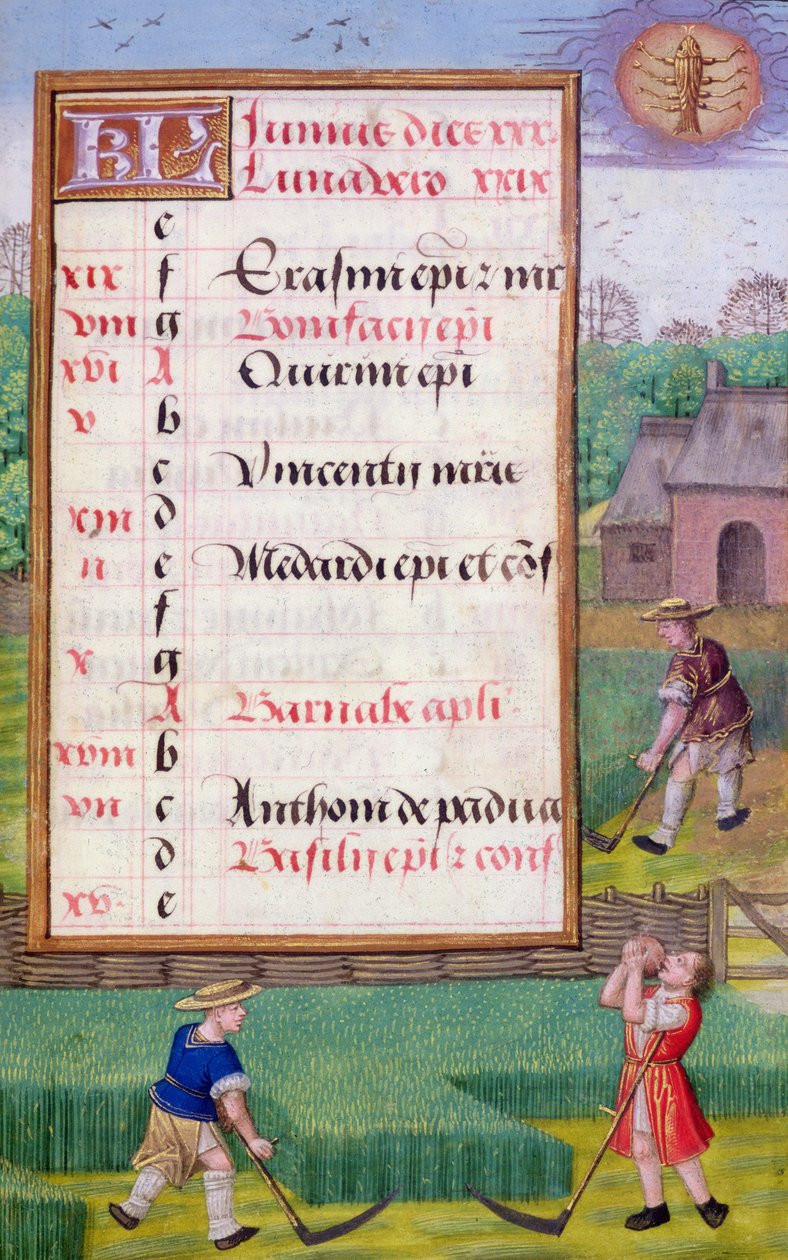 Ms 1058-1975 f6r Mowing Grass, upplyst kalendersida för juni, från a Book of Hours, c.1500 (vellum) av Flemish School