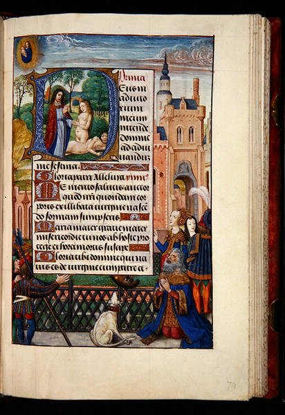 Ms 1058-1975, f.74r: Kung David ber till Jungfrun och barnet och ett historiskt initialt D som visar skapandet av Eva, från en timbok, Brygge, ca 1510 (guldbläck & tempera på pergament) av Flemish School