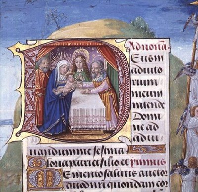 Ms 1058-1975 f.85r Historikert initial "D" som visar presentationen i templet, från en timbok, troligen Brygge, c.1500-05 (vellum) av Flemish School