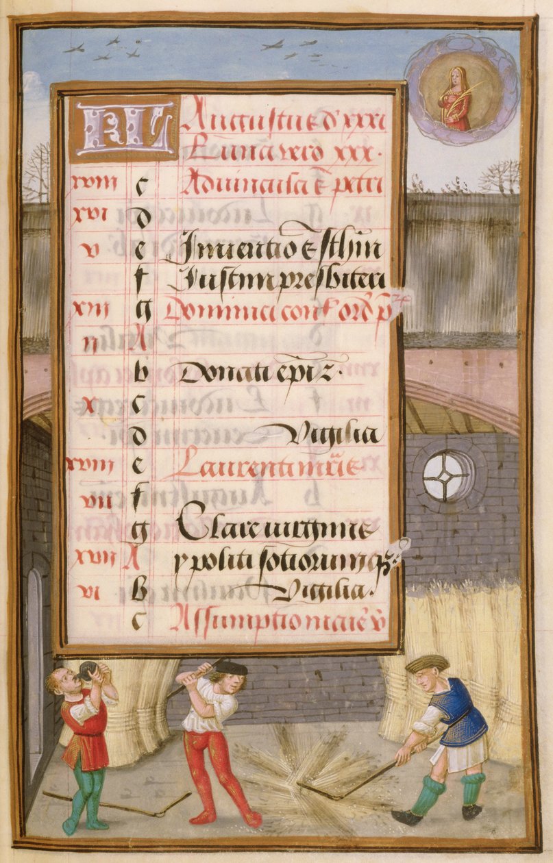 Ms 1058-1975 f8r Threshing Corn in the Lad, upplyst kalendersida för augusti, från a Book of Hours, c.1500 av Flemish School