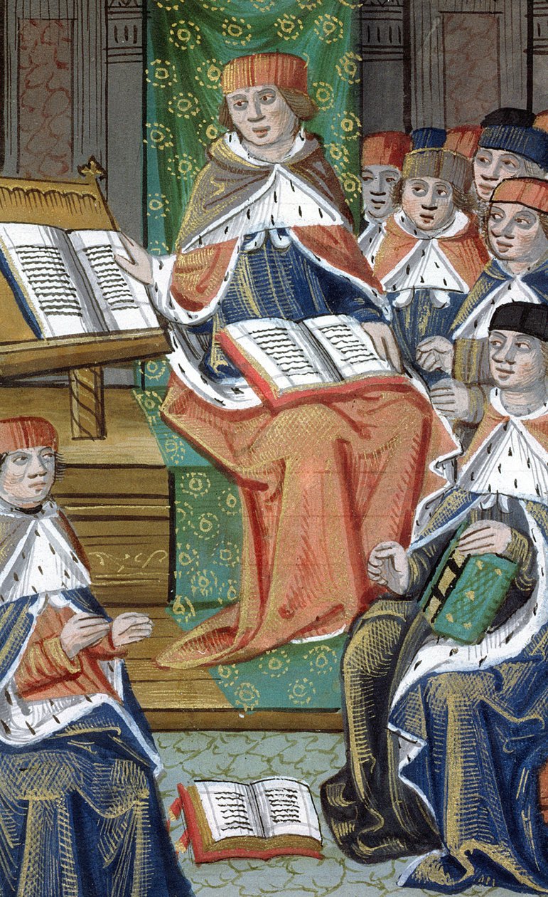 Ms Hunter 9 f.43v Föreläsning i sal, från De Medina Fen I. II, av Avicenna (980-1037) av Flemish School