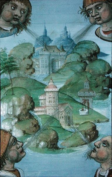 Ms Hunter 9 f.47v Fyra vindar som blåser i hörn på ett havsnära landskap, från 