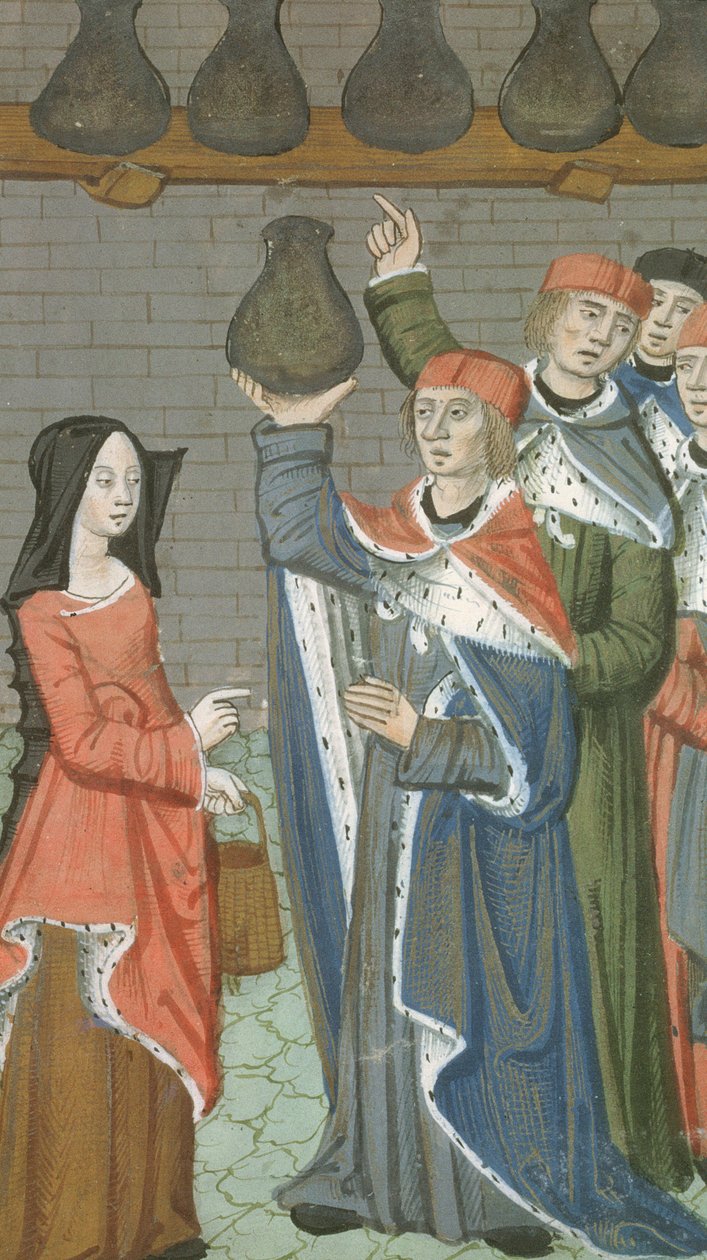 Ms Hunter 9 f.84r Kvinna med korg med urinalis magnus, från De Medina Fen I. II, av Avicenna (980-1037) av Flemish School