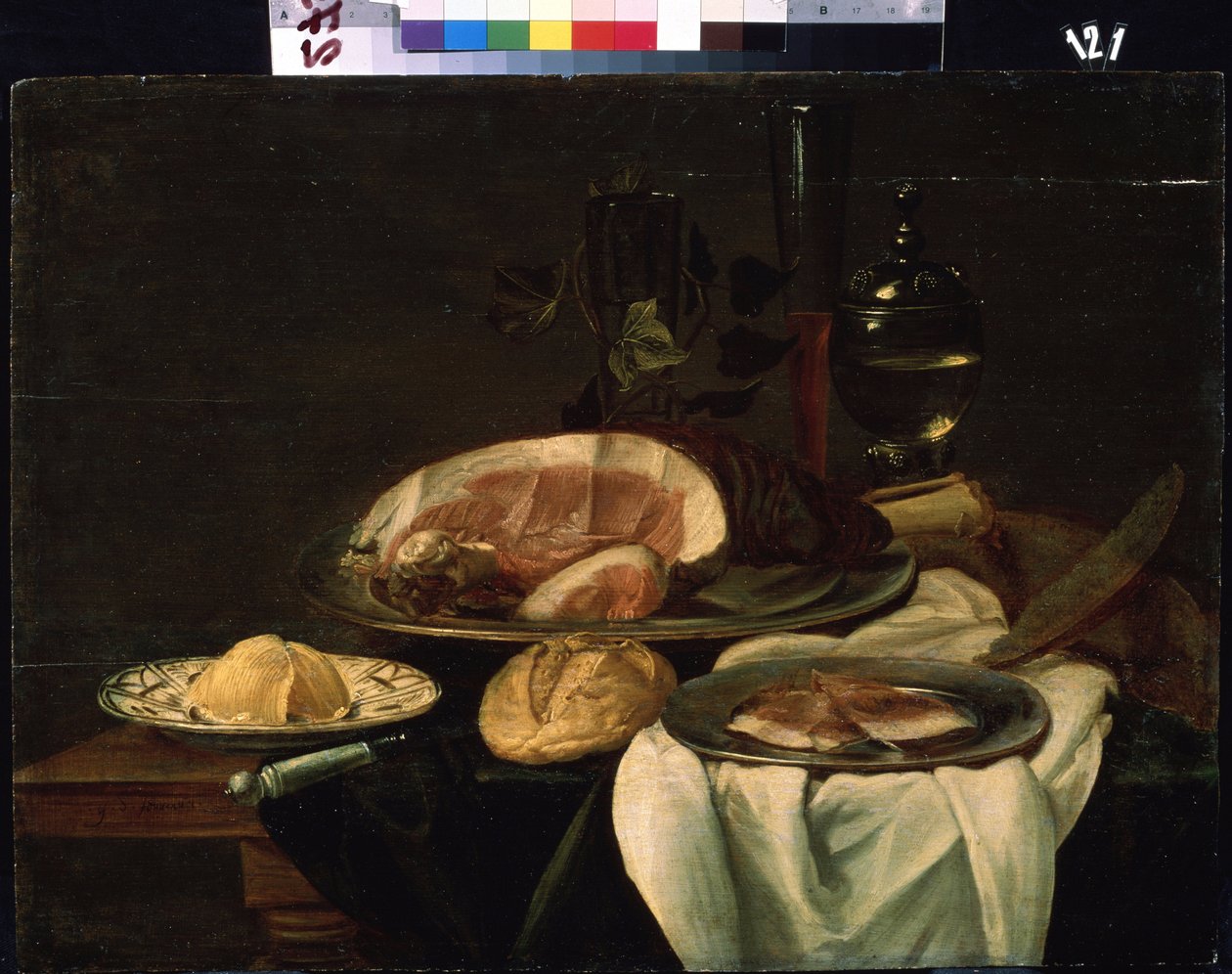 "Still life" (Still life) Skinka, bröd och smör. Holländsk skolmålning. 1650 Mikhail Kroshitsky konstmuseum, Sevastopol (Sevastopol) Ukraina av Flemish School