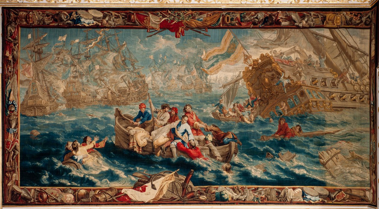 Slottet (Schlossanlage Schleissheim). flamländsk gobeläng. Bryssel ateljén Judocus De Vos. Design Lambert De Hondt. Sjöslaget vid La Hogue (slaget vid La Hogue). 400x792 cm. Ull och siden. Ungefär 1715 - 1724. av Flemish School