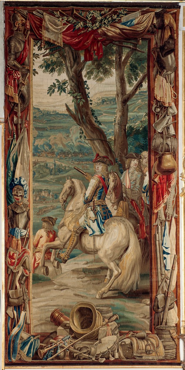 Slottet (Schlossanlage Schleissheim). flamländsk gobeläng. Bryssel studio Judocus De Vos. Design Lambert De Hondt. Maximilian II Emanuel (Maximilian Emmanuel och två infanterister). 400x175 cm. Ull och siden. Ca 1715 - 1724. av Flemish School