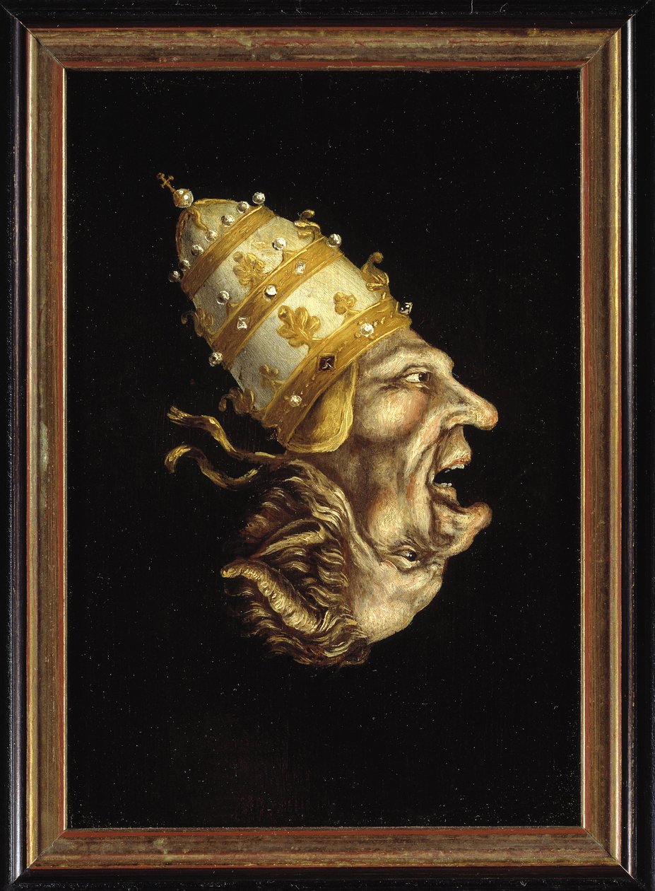 ""Påve-djävulen"" (Påfjävulen) Luthersk karikatyr mot påven som representerar påvens profil inbäddad i djävulens - Anonym målning, cirka 1600 (nederländska) Museum Catharijneconvent, Utrecht Nederländerna av Flemish School