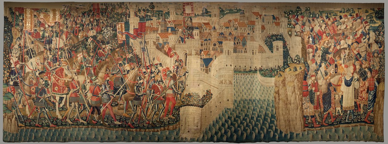 Sockenmuseum för gobelänger (Parish Museum of Pastrana Tapestries). flamländsk gobeläng. Conquest of Tanger (Taking of Tangier, De inname van Tanger). Serie Erövringar av kung Alfonso I av Portugal. Tournai. Ull och siden av Flemish School