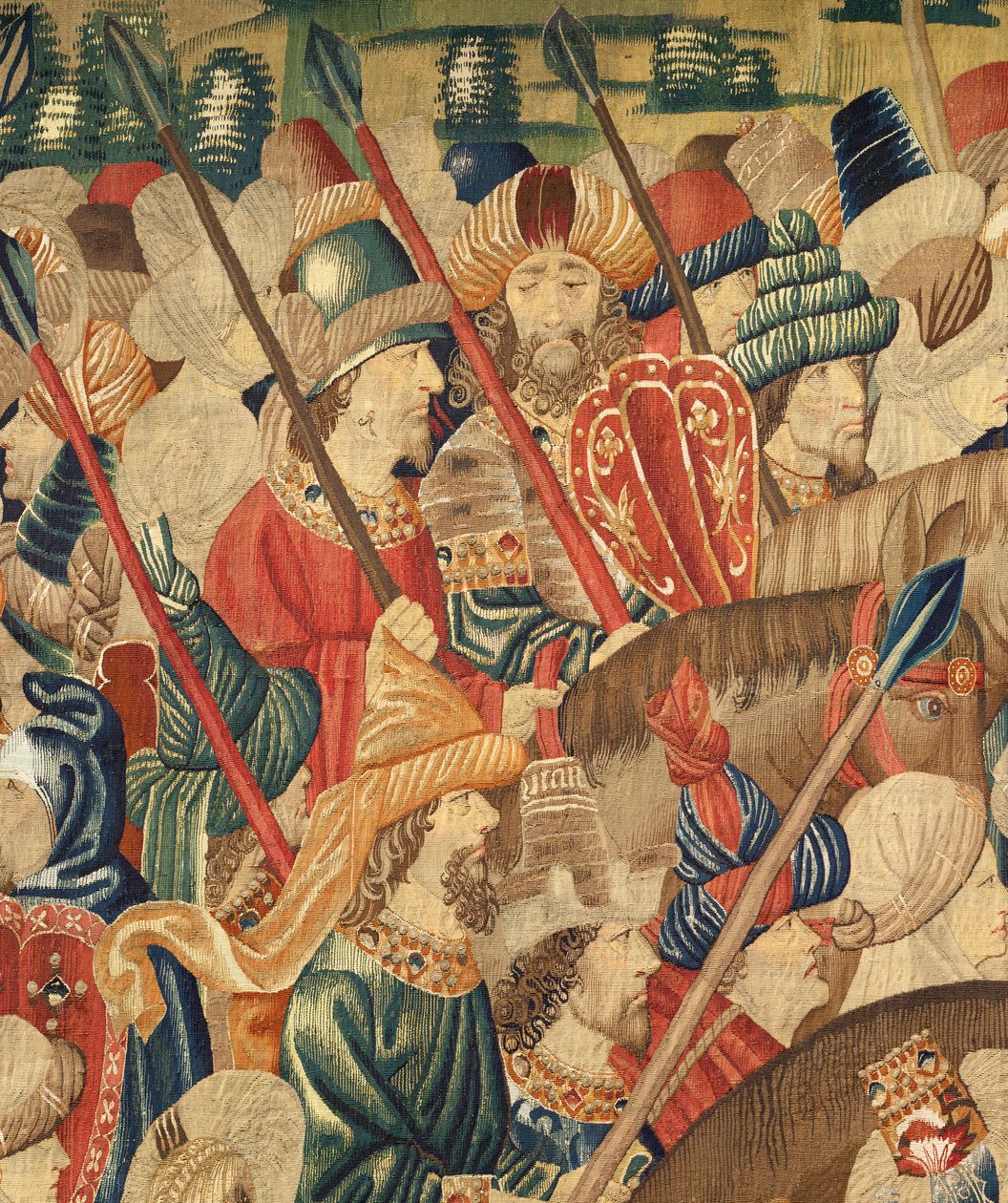 Sockenmuseum för gobelänger (Parish Museum of Pastrana Tapestries). flamländsk gobeläng. Conquest of Tanger (Taking of Tangier, De inname van Tanger). Serie Erövringar av kung Alfonso I av Portugal. Tournai. Detalj. Ull av Flemish School