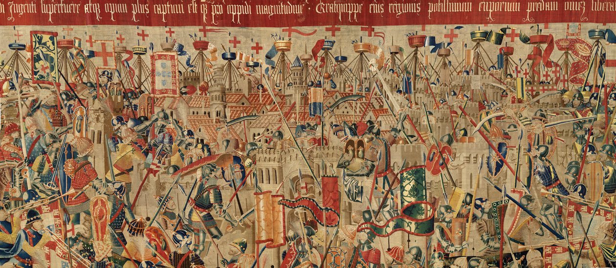 Sockenmuseum för gobelänger (Parish Museum of Tapestries of Pastrana). flamländsk gobeläng. Take of Arcila (Take of Arcila, Assault of Arcila, De inname van Arzila). Serie Erövringar av kung Alfonso I av Portugal (Erövringar av Alfonso V av Portugal). Tour av Flemish School
