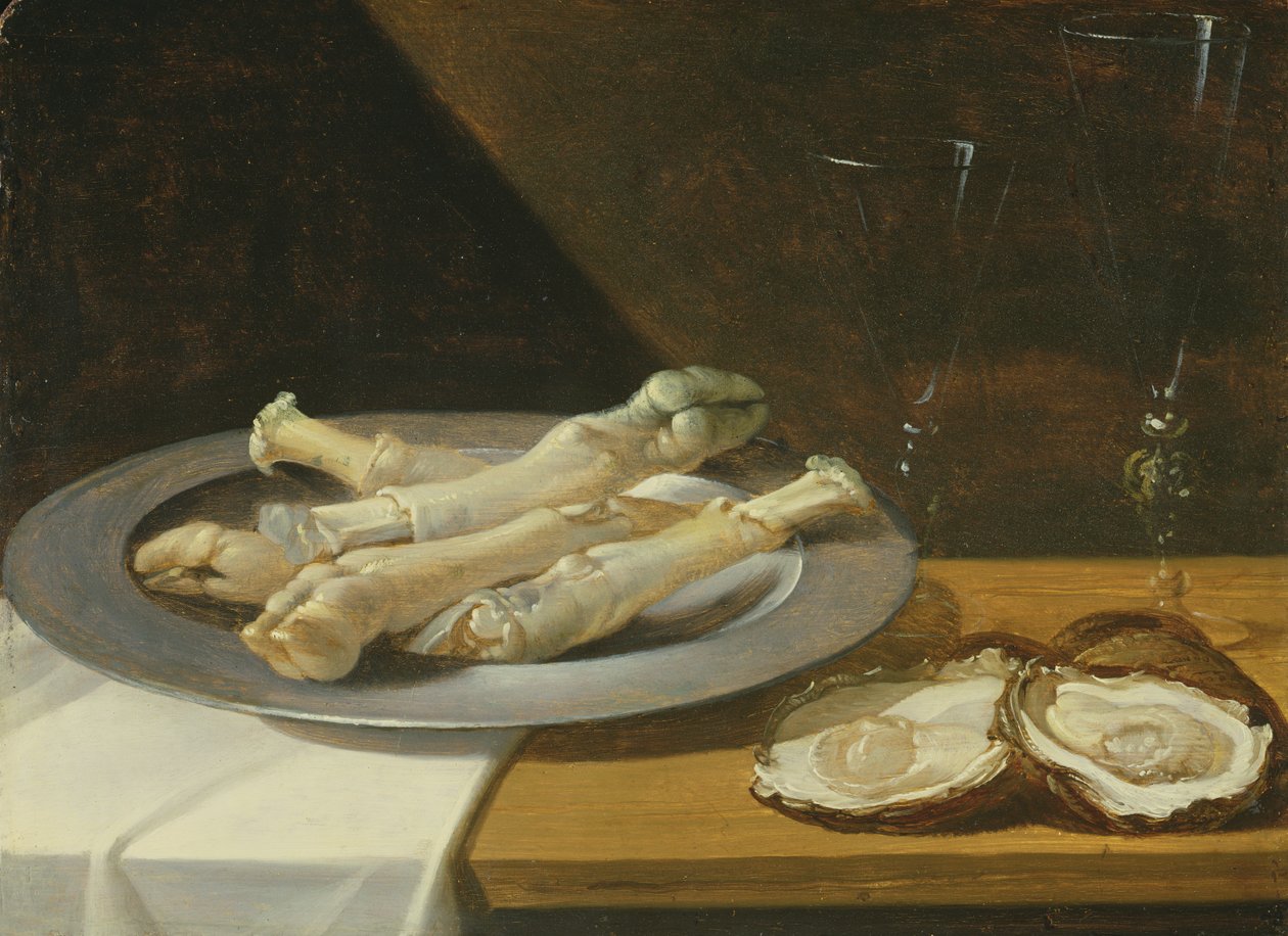 Grisknogar på en tennbricka med ostron och vinglas på ett draperat bord, ca 1630 av Flemish School