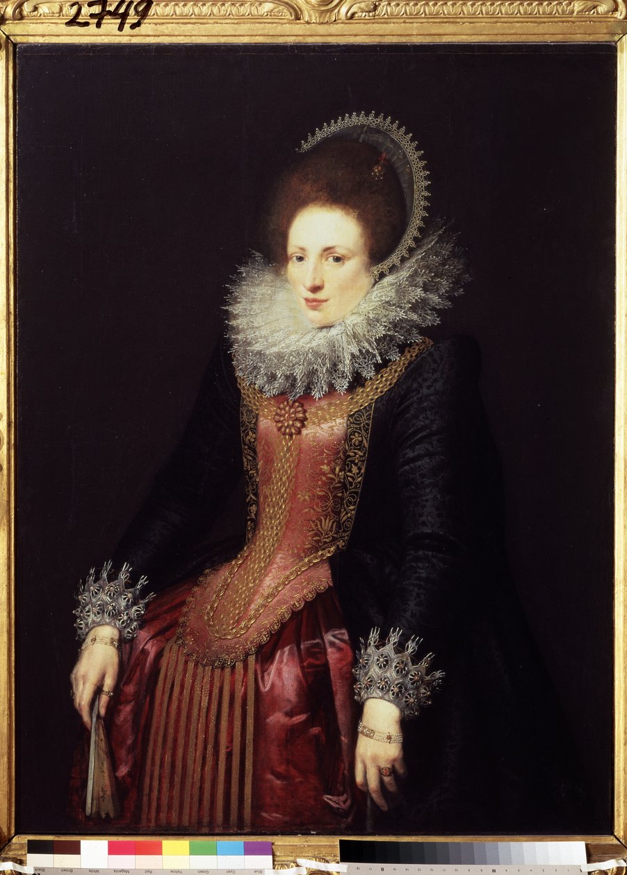 ""Porträtt av en dam med fläkt" (Porträtt av en dam med fläkt) rikedomsdam, iklädd en ruff och en broderad klänning. Målning av den flamländska skolan omkring 1610. Pushkin-museet, Moskva av Flemish School