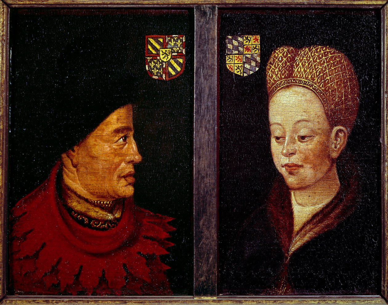 Porträtt av Johannes utan rädsla, hertig av Bourgogne (1371-1419) och Marguerite de Baviere, hertiginna av Bourgogne (1363-1423) Trämålning av den flamländska skolan. 1400-talet Gent, Museum of Fine Arts av Flemish School