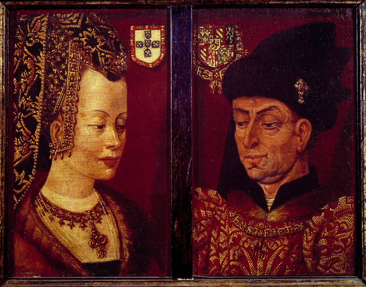 Porträtt av Filip den gode, hertig av Bourgogne (1396-1467) och Isabella av Portugal, hertiginna av Bourgogne (1397-1472) Målning på trä av den flamländska skolan. Gents konstmuseum från 1400-talet av Flemish School