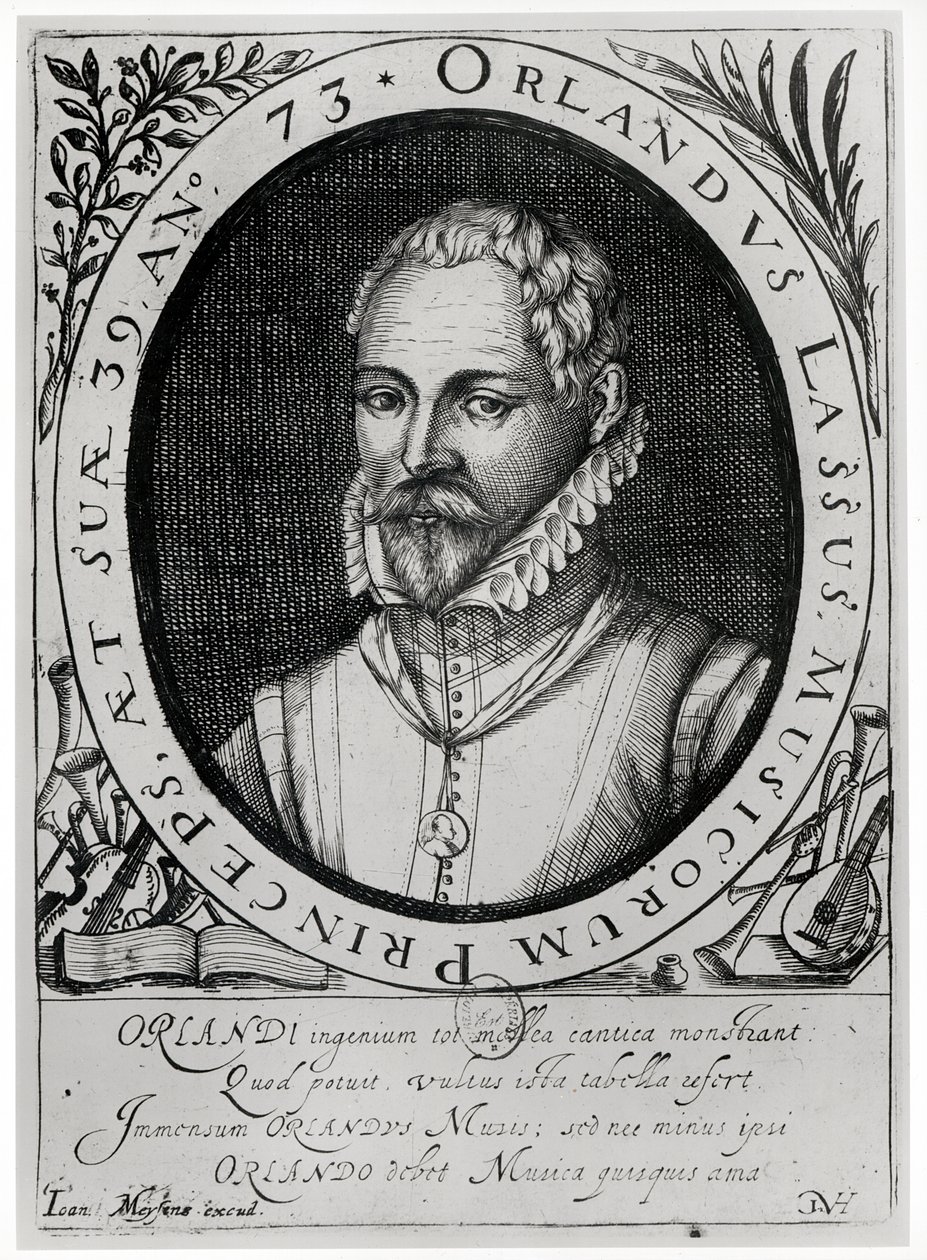 Porträtt av Roland de Lassus (1532-94) (gravyr) (bw foto) av Flemish School