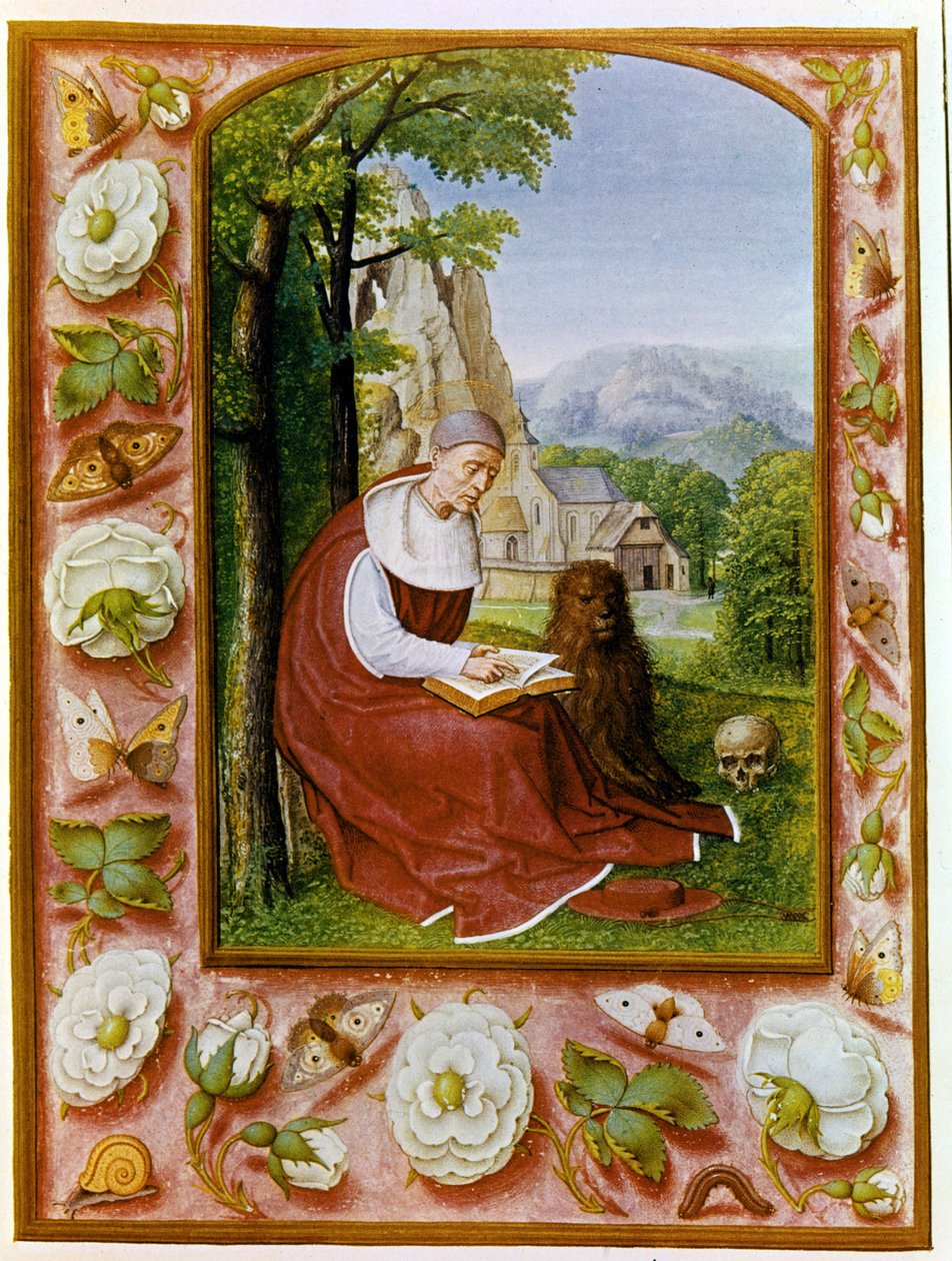 Porträtt av St. Hieronymus. Grimani Breviary med anor från 1490 - 1510 i Marciana Library, Venedig. av Flemish School