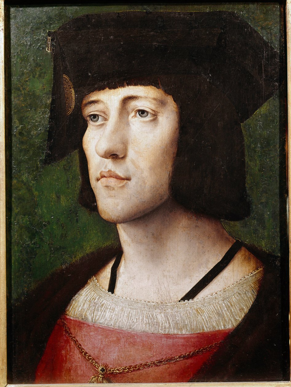 Porträtt av en riddare av orden av det gyllene skinnet Målning av den flamländska skolan på 1400- eller 1500-talet. Lissabon, museum för antik konst av Flemish School