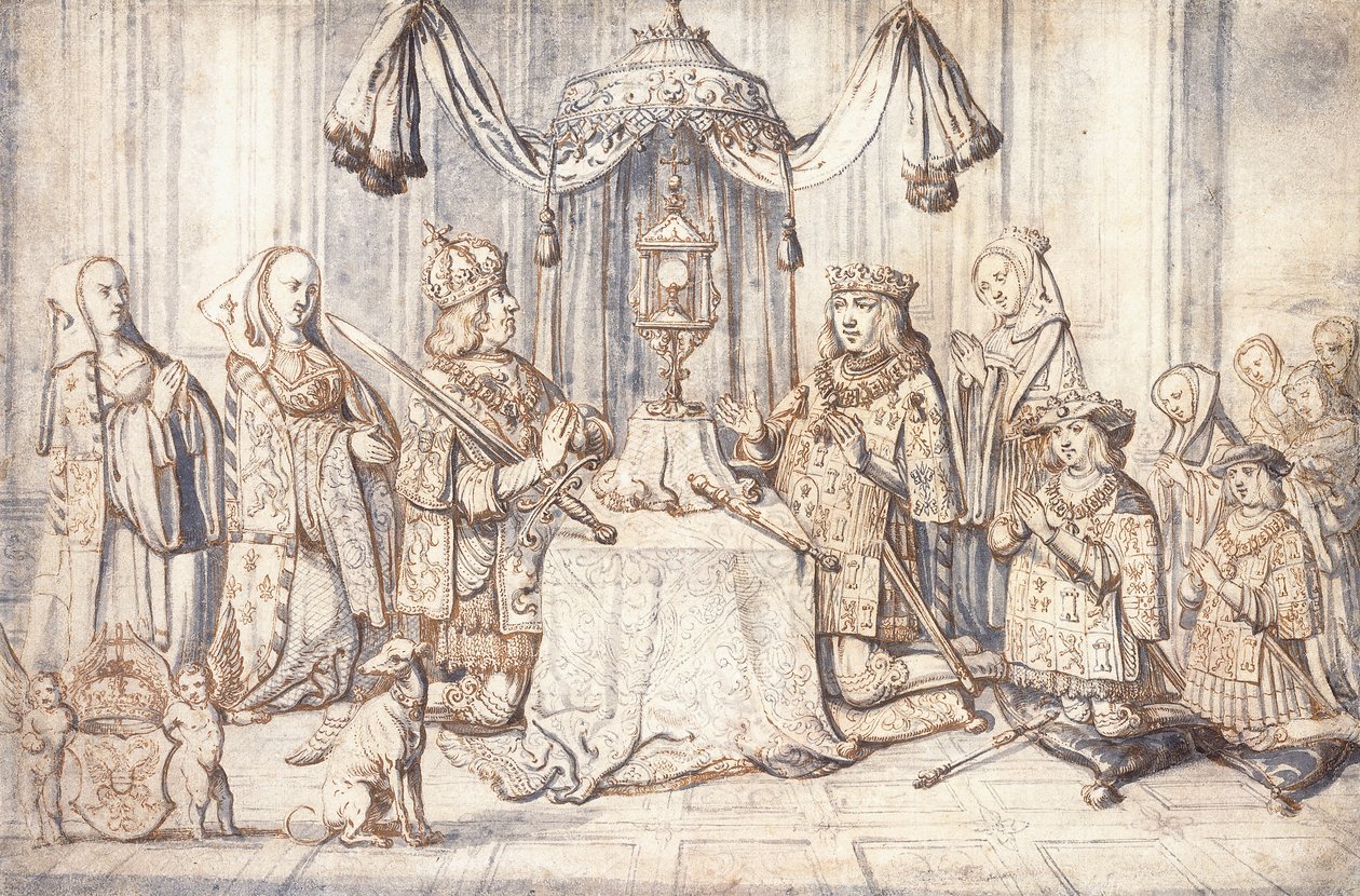 Porträtt av kejsar Maximilian I, hans hustru, dotter, son och andra i det heliga kapellet i Dijon, ca 1600 av Flemish School