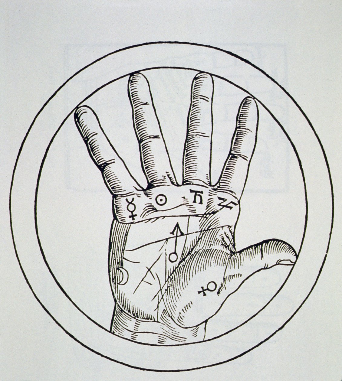 Planeternas position på höger hand, kopia av en illustration från De Occulta Philosophia Libri III, av Henricus Cornelius Agrippa, Antwerpen 1533, använd i en magihistoria, publicerad i slutet av 1800-talet av Flemish School
