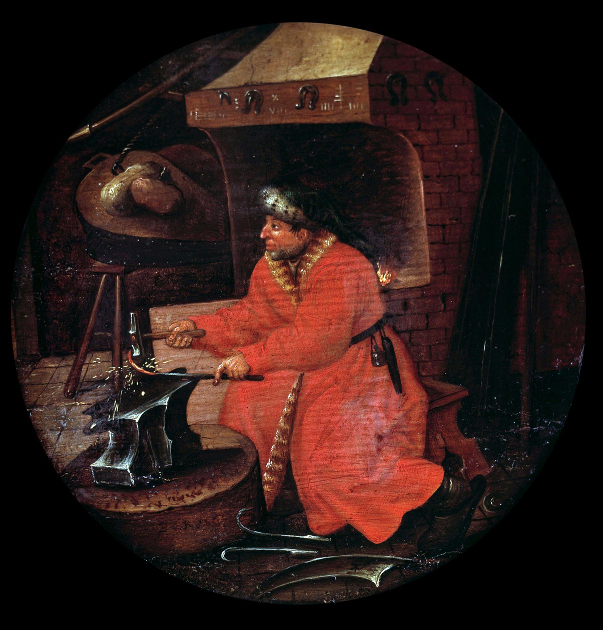 Representation av en smedhantverkare i sin smed som slår en metallstav på ett städ. Målning av den flamländska skolan. 1500-talet. av Flemish School