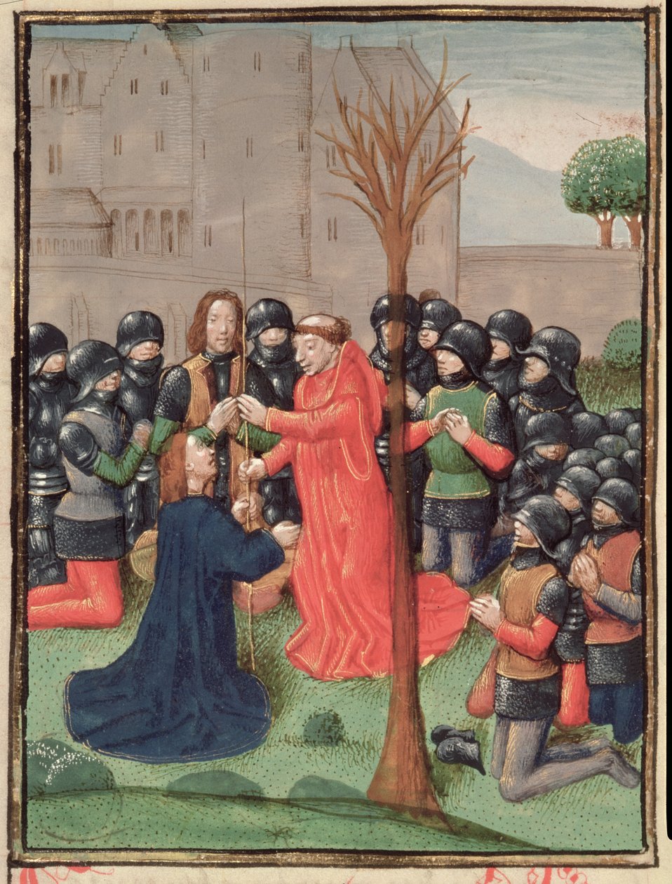 Roy 15 E I f.98v Fyndet av spjutet som Kristus genomborrades med, från Estoire d