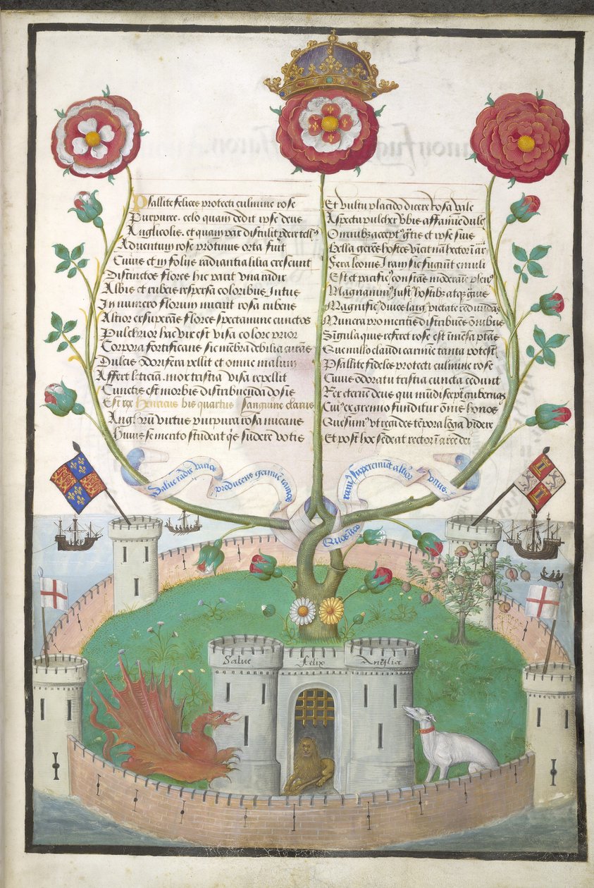 Royal MS 11 E Xl fol.2 Verser med Tudor-symboler, c.1516 (vellum) av Flemish School