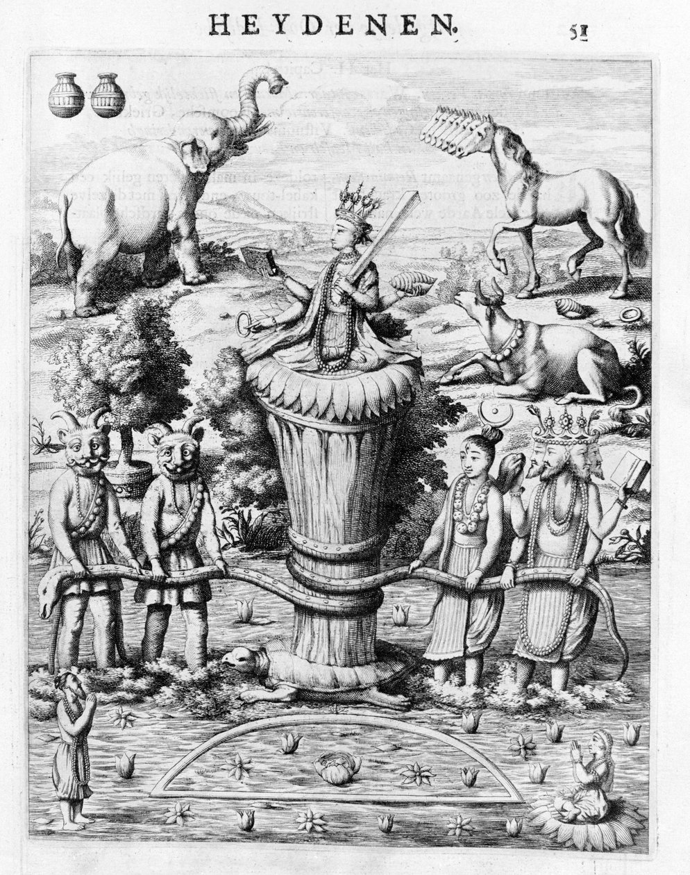 Samudramathana, med deltagande av Deva (Surya, Shiva, Vishnu, Brahma) med demoner och berg. Enligt Baldaeus Philippus Afgoderye der oost-indische Heydenen. Amsterdam 1672 av Flemish School