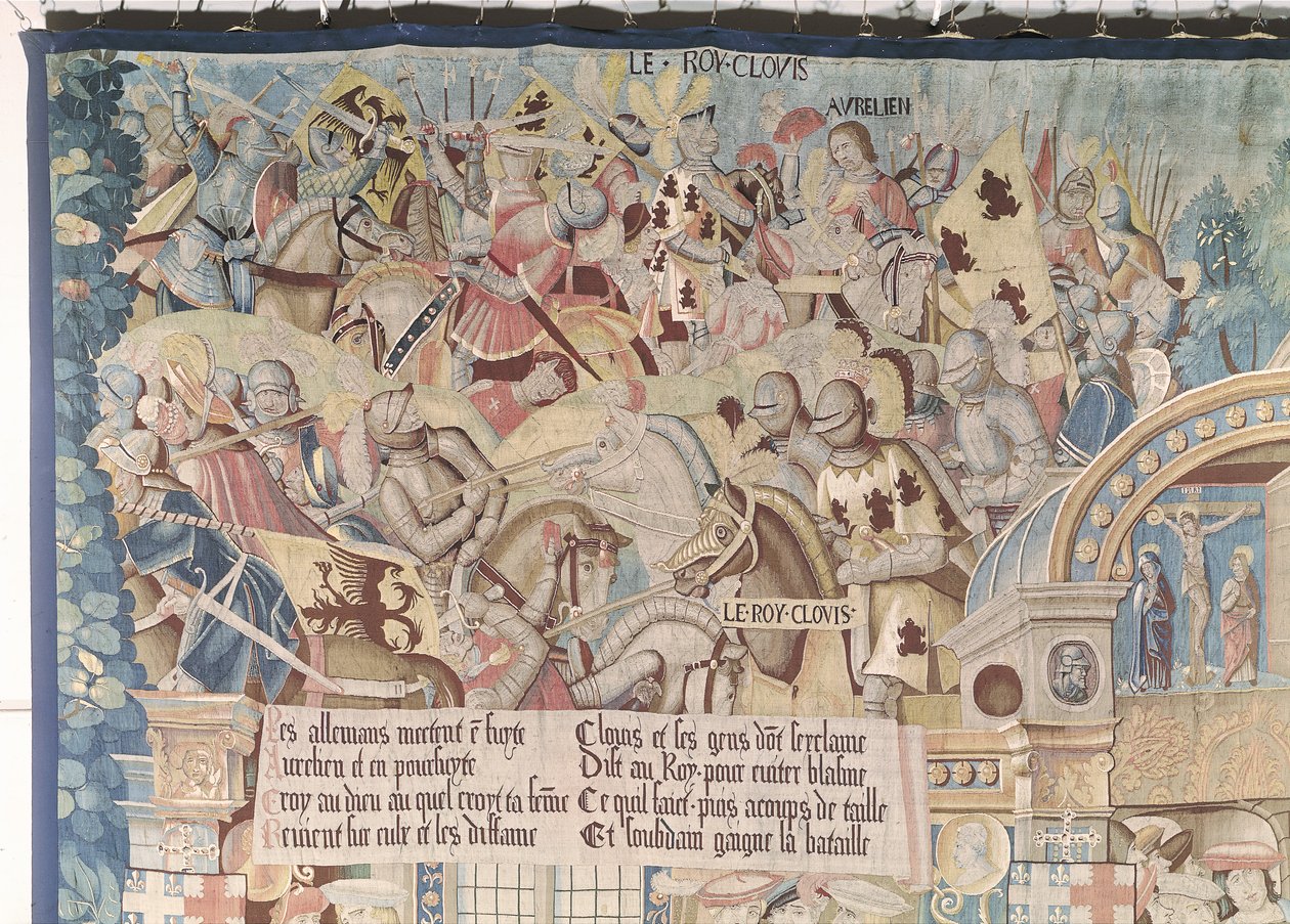 Scener från S:t Remegius liv (d.553) detalj av Clovis I (465-511) vid slaget vid Tolbiac mot Alamannerna 496 e.Kr. av Flemish School