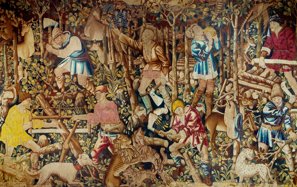 Scener av skörd och vedhuggare. Gobeläng av den flamländska skolan. Tournai. 1400-talets Paris, dekorativ konst av Flemish School