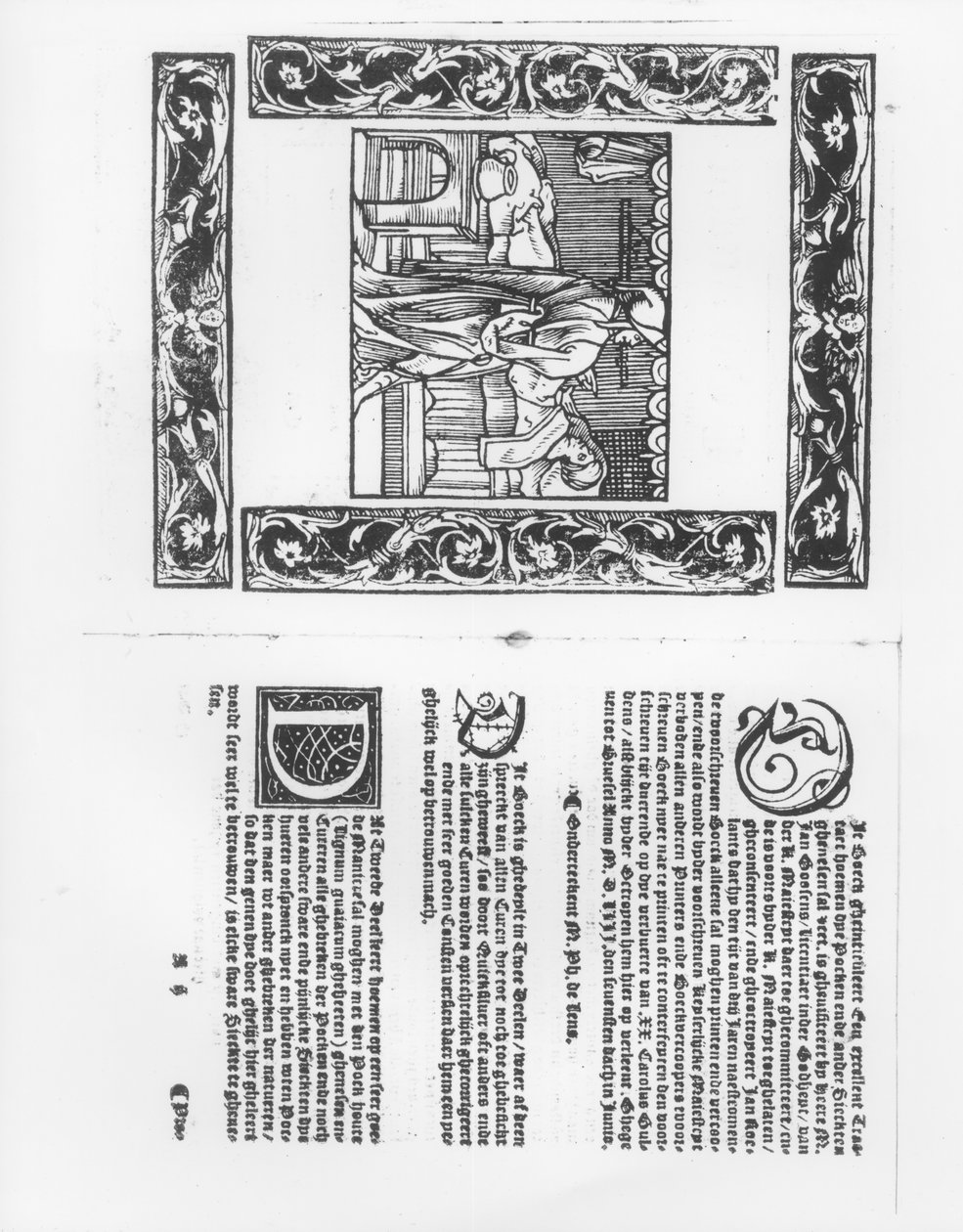 Sjuksäng med ett poxoffer, illustration från en medicinsk avhandling av Paracelsus (1493-1541) pub. 1553 av Flemish School