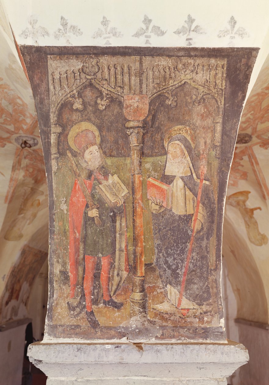 St. Bavo och St. Amalberga av Maubeuge, väggmålning från kryptan, ca 1480-1540 av Flemish School