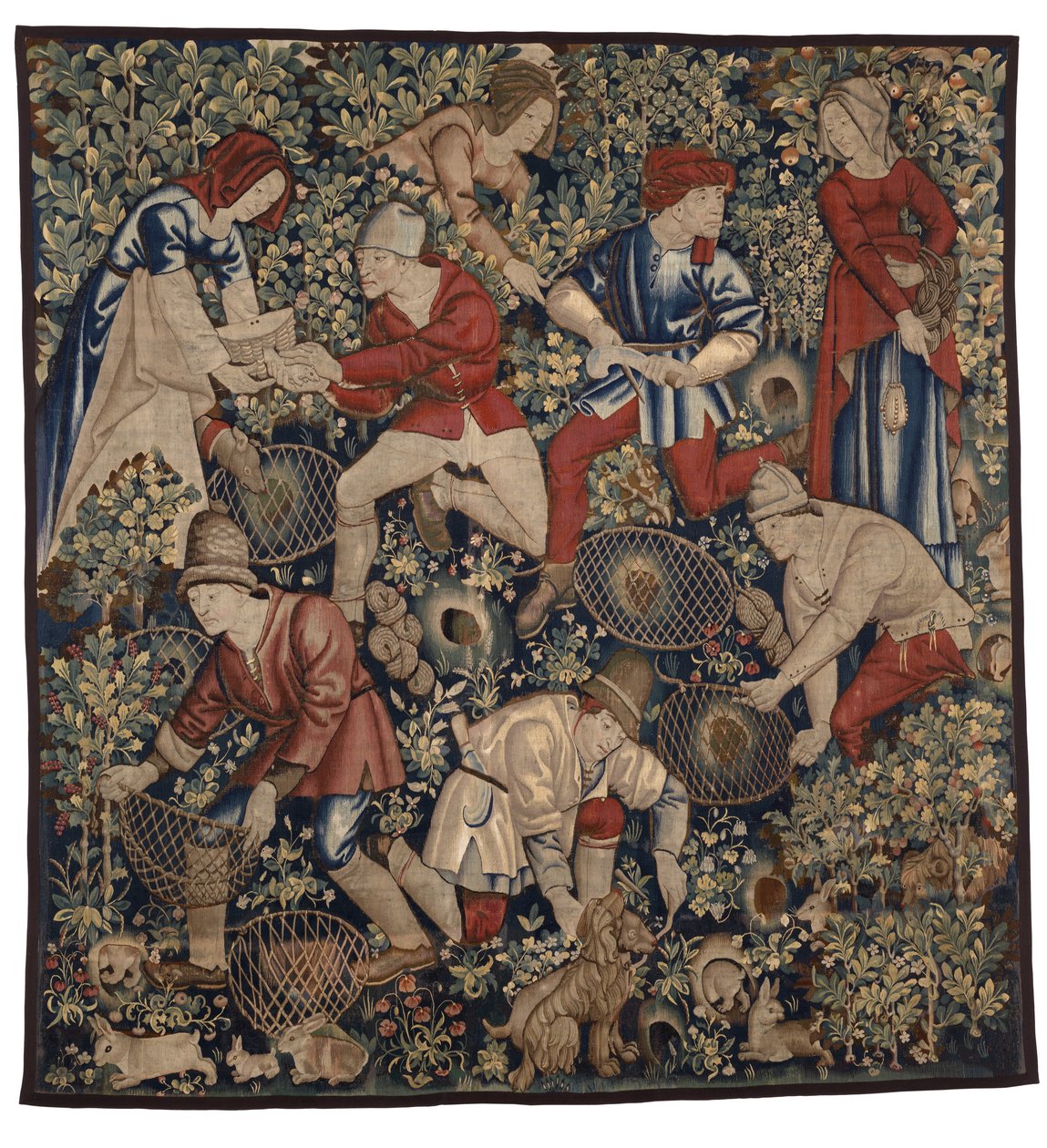 Gobeläng föreställande bönder som jagar kaniner med illrar, Tournai, ca 1450-75 (ull) av Flemish School