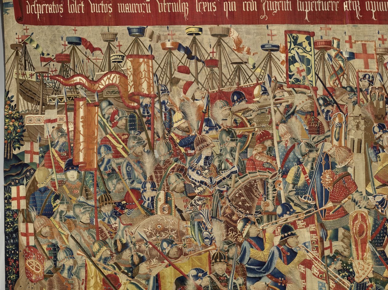 Gobeläng som visar erövringarna av kung Alfonso V av Portugal (Conquistas de Alfonso V de Portugal), Tournai. Detalj. (Ull och siden) av Flemish School