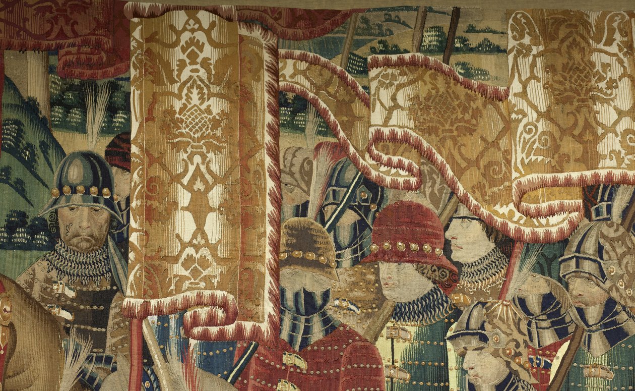 Gobeläng som visar erövringarna av kung Alfonso V av Portugal (Conquistas de Alfonso V de Portugal), Tournai. Detalj. (Ull och siden) av Flemish School