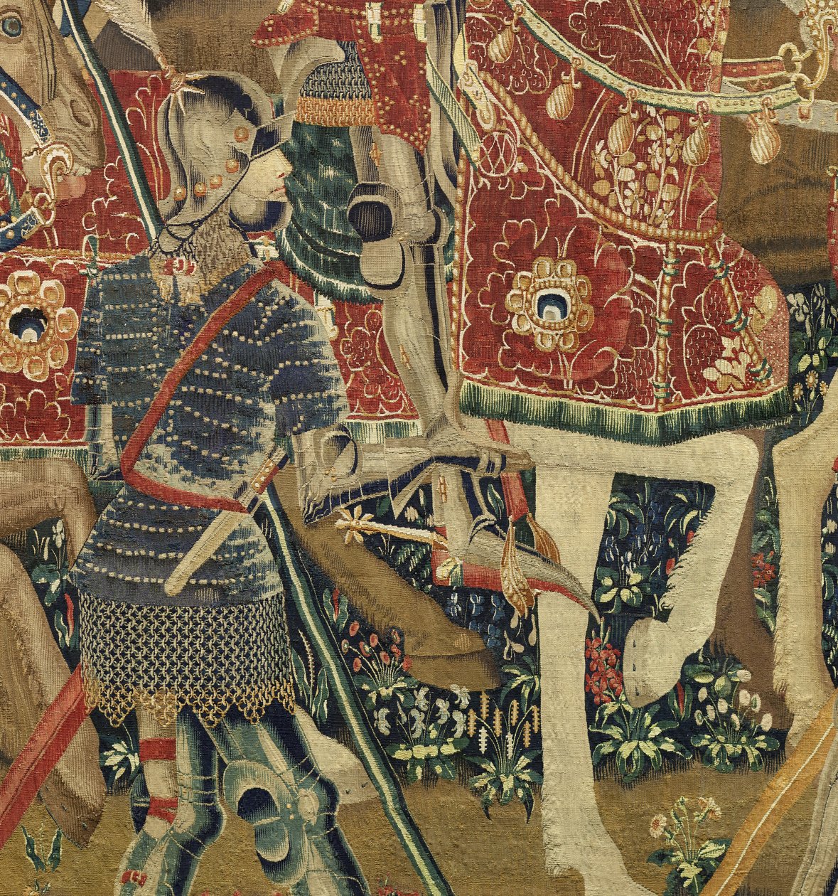 Gobeläng som visar erövringarna av kung Alfonso V av Portugal (Conquistas de Alfonso V de Portugal), Tournai. Detalj. (Ull och siden) av Flemish School