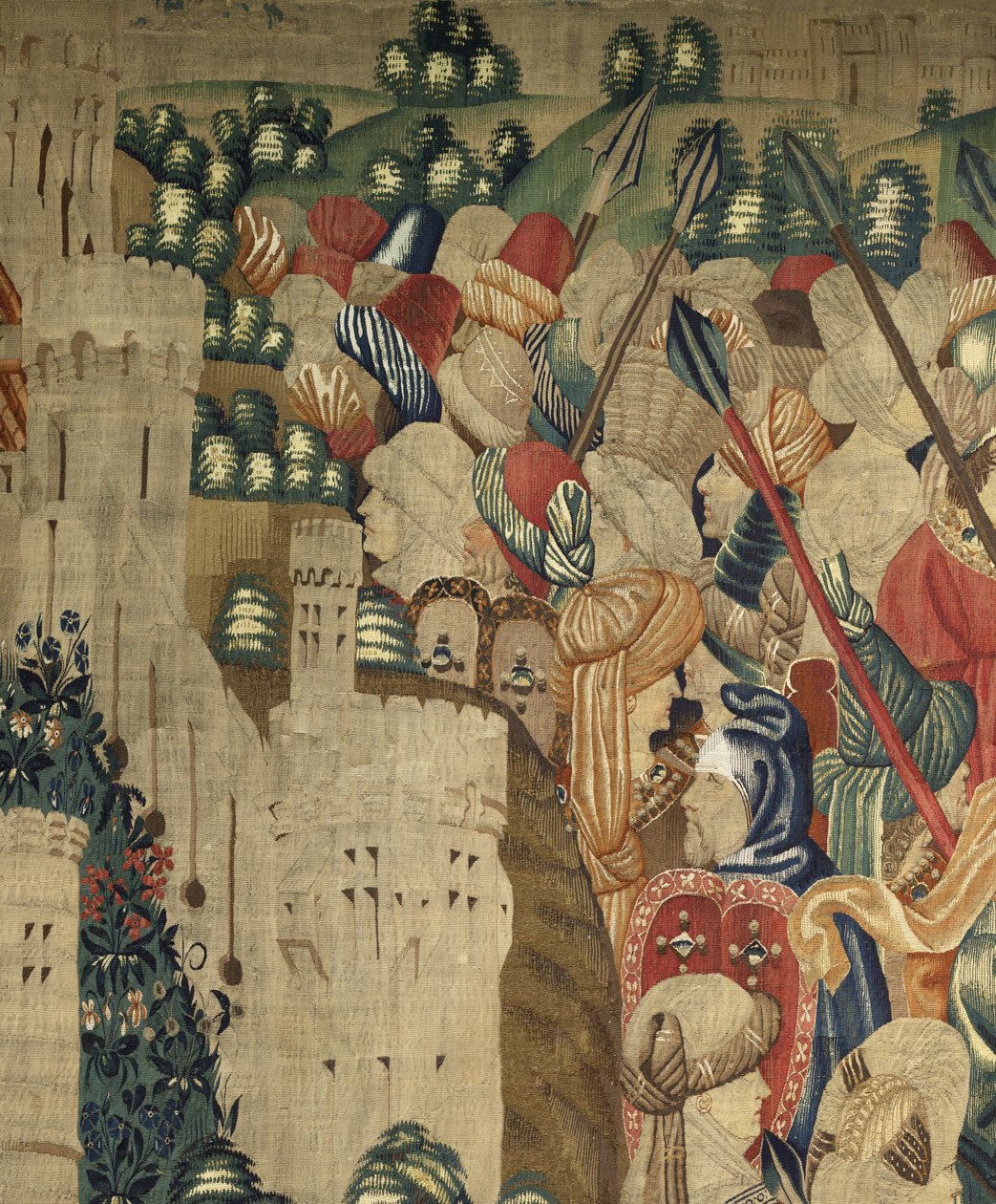 Gobeläng som visar erövringarna av kung Alfonso V av Portugal (Conquistas de Alfonso V de Portugal), Tournai. Detalj. (Ull och siden) av Flemish School