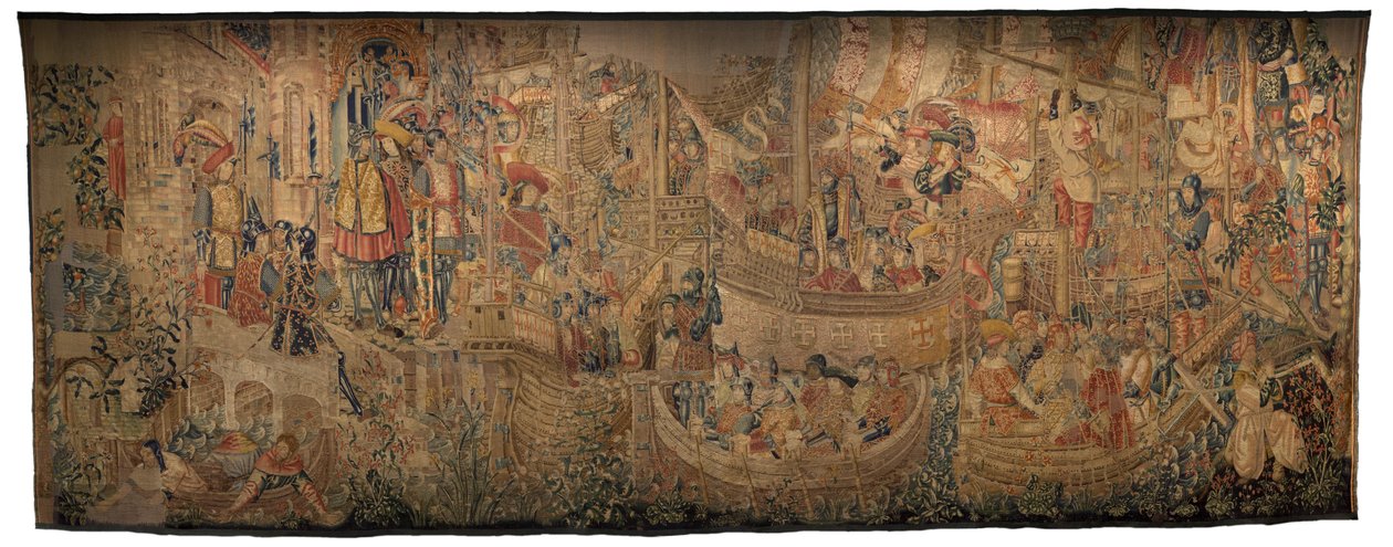 Gobeläng som visar erövringarna av kung Alfonso V av Portugal (Conquistas de Alfonso V de Portugal), Tournai. Detalj. (Ull och siden) av Flemish School